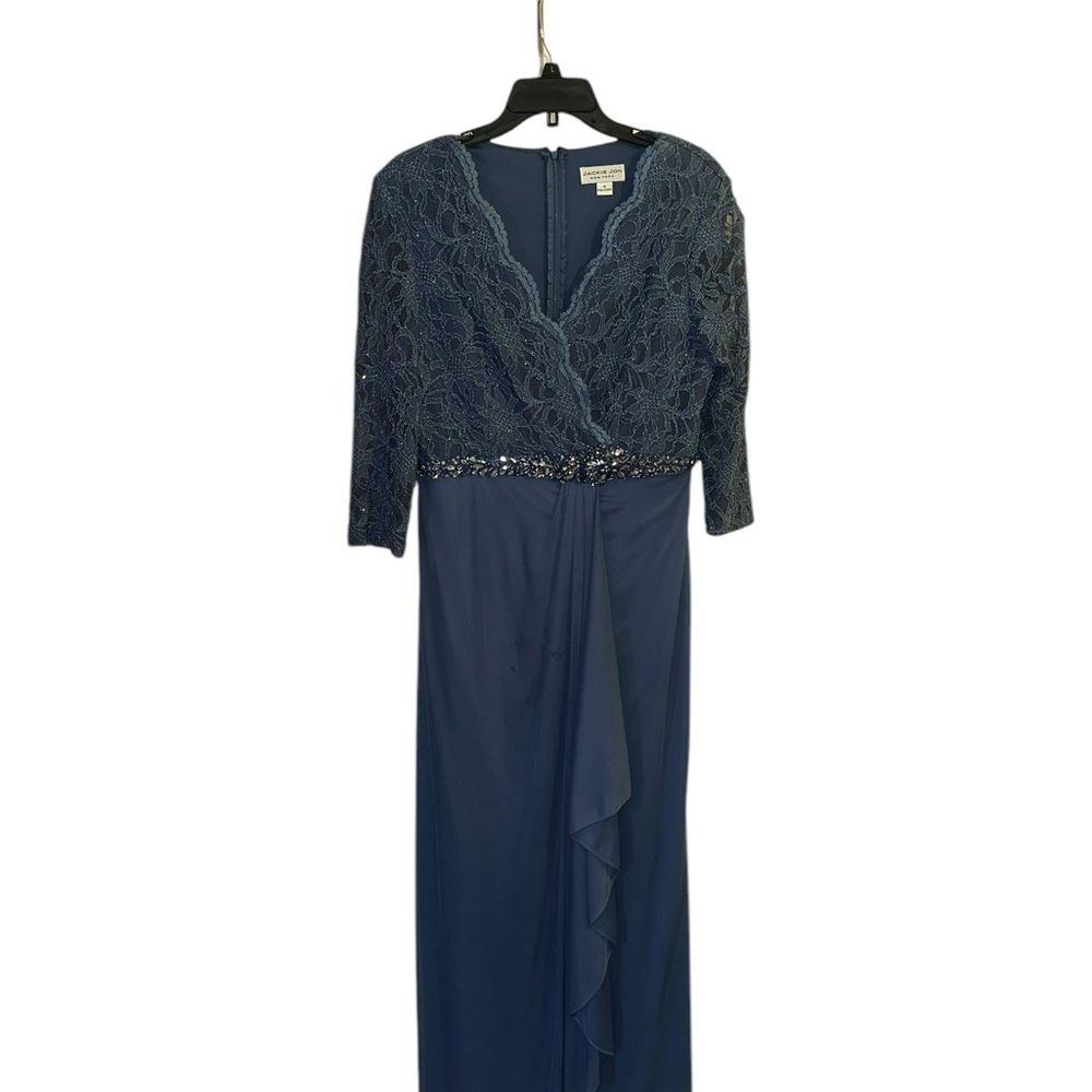 Jackie Jon New York Navy Blue Gown with V-Neck and 3/4 Sleeves for Wedding Guest